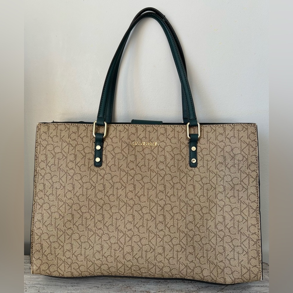 Calvin Klein Signature Monogram Tote Bag Brown with Green Handles and Accents